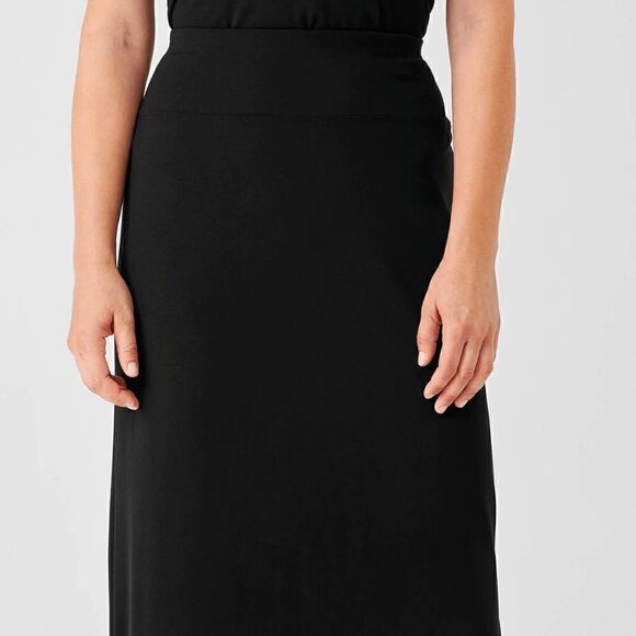 Like New Eileen Fisher Black Midi Rayon Lycra Blend A-Line Skirt - Picture 2 of 5